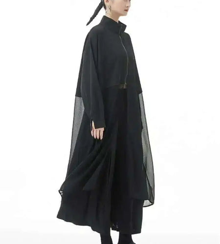 Women Army Green Big Size Mesh Long Trench New Stand Collar Long Sleeve Windbreaker Fashion Spring Autumn 2025 1DH4273