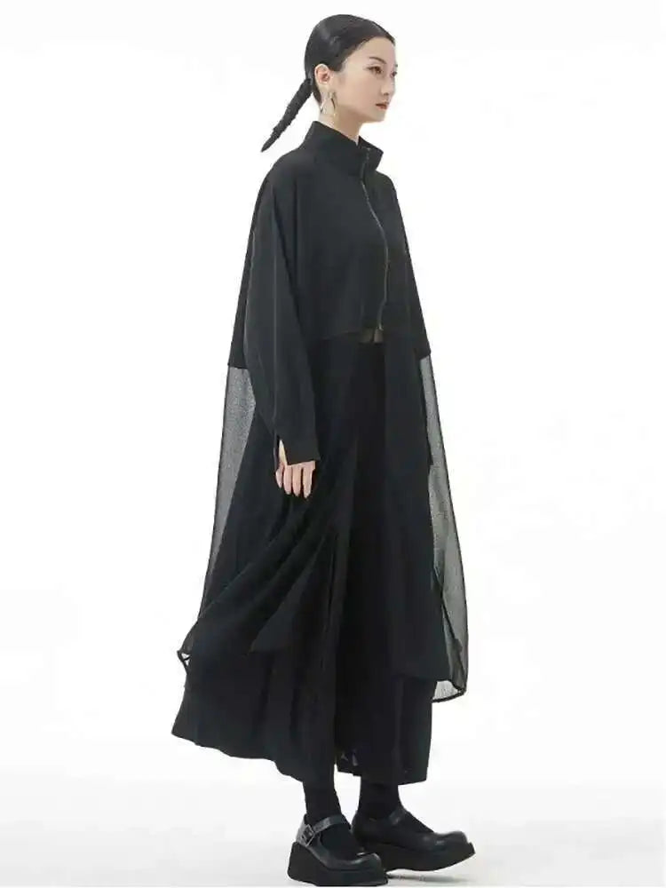 Women Army Green Big Size Mesh Long Trench New Stand Collar Long Sleeve Windbreaker Fashion Spring Autumn 2025 1DH4273