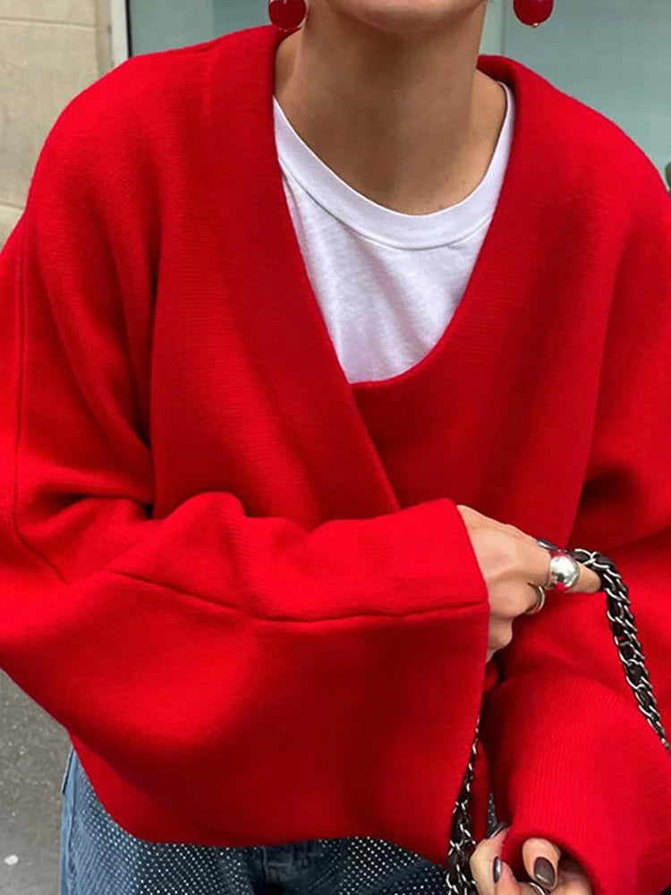 Casual Solid Short Knitting Sweaters For Women V Neck Long Sleeve Minimalist Loose Pullover Sweater Female Fashion Style New