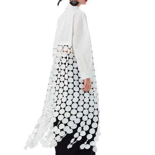 Load image into Gallery viewer, Women White Dot Tassels Hollow Out Midi Big Size Shirt Dress New Lapel Long Sleeve Fashion Tide Spring Autumn 2025 1DH9464
