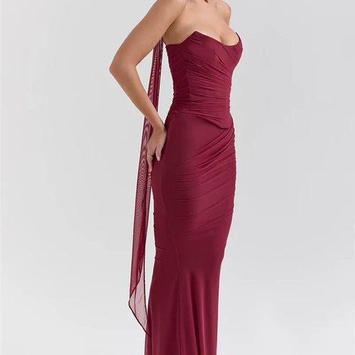 Load image into Gallery viewer, Wine Red Sexy Two Piece Sets Women Neckerchief Strapless Crop Tops And Maxi Skirt Sets Club Party Skirt Two Piece Sets
