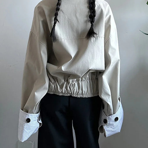 Load image into Gallery viewer, Khaki Plaid Leather Color-block Big Size Jacket New Lapel Long Sleeve Women Coat Fashion Tide Spring Autumn 2025  1DJ0976
