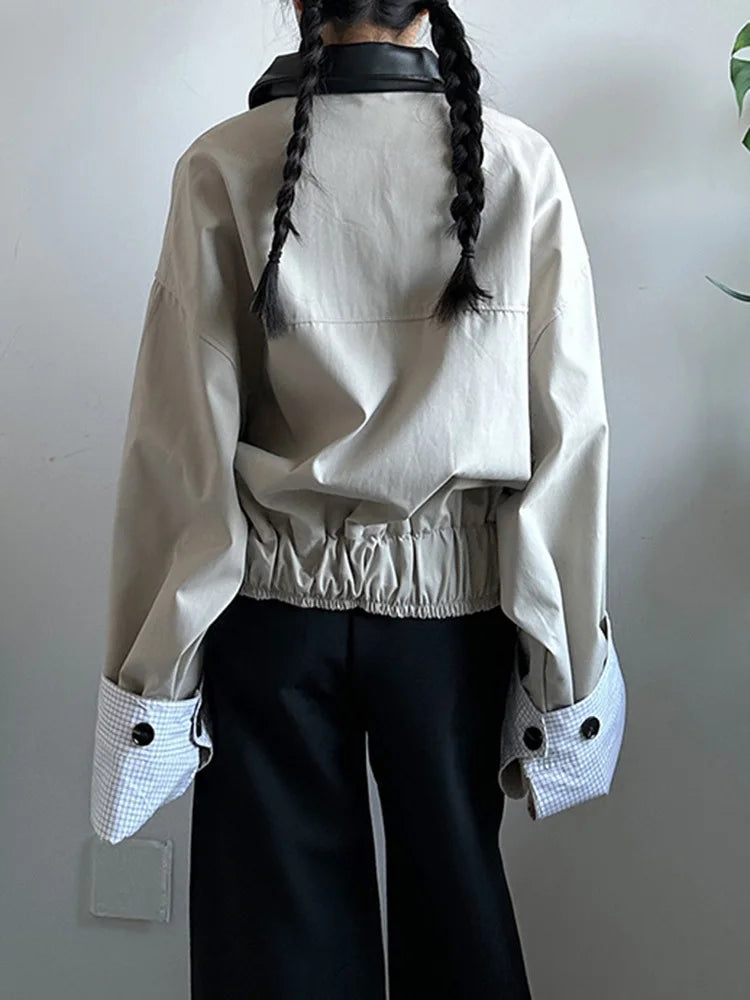 Khaki Plaid Leather Color-block Big Size Jacket New Lapel Long Sleeve Women Coat Fashion Tide Spring Autumn 2025  1DJ0976