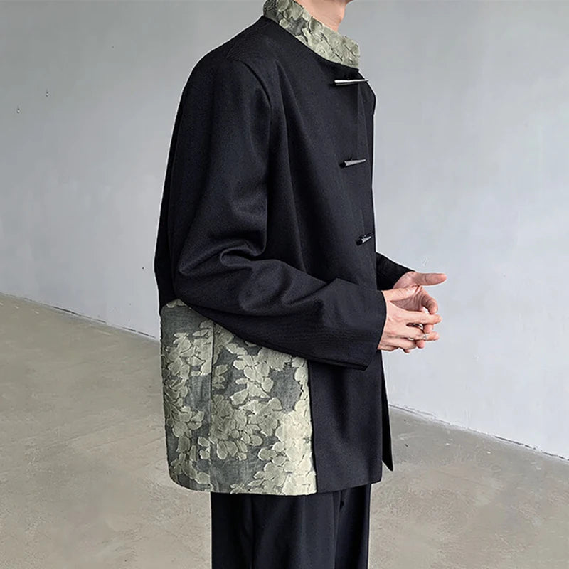 Men's Suit Coat New Chinese Style Stand Collar Trendy Lace Splicing Stylish Single Breasted Casual Male Clothing 9W1705