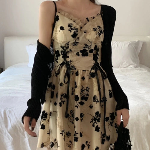 Load image into Gallery viewer, Floral Bandage Slip Dress Women Lace Flower Print Kawaii Cute Spaghetti Strap Mini Short Dresses 2023 Fashion New In
