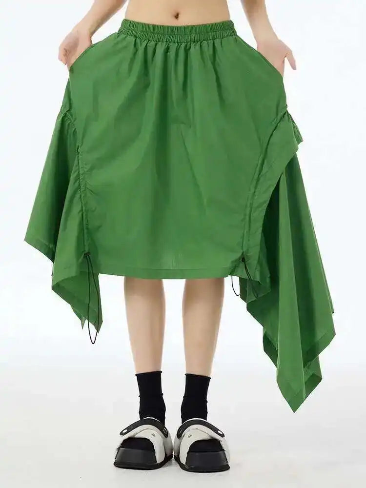 High Elastic Waist Green Irregular Hem Drawstring Half-body Skirt Women Fashion Tide New Spring Autumn 2025 1DH6545