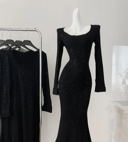 Vintage Women Korean Black Elegant Slim Sequined Fishtail Dress Autumn Grey Square Neck Long Sleeve Vacation Evening Party Dress