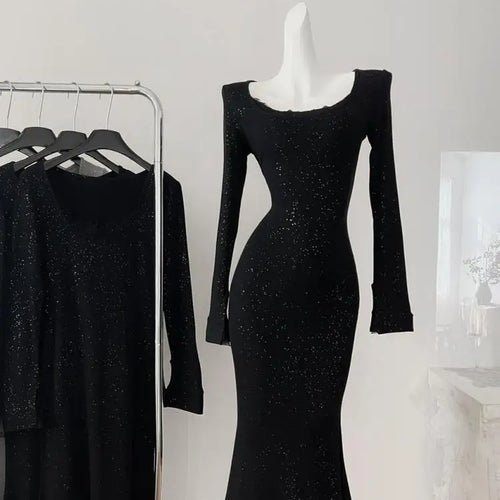 Load image into Gallery viewer, Vintage Women Korean Black Elegant Slim Sequined Fishtail Dress Autumn Grey Square Neck Long Sleeve Vacation Evening Party Dress

