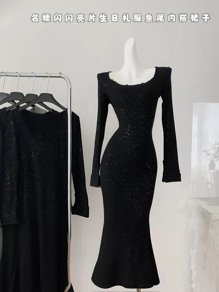 Vintage Women Korean Black Elegant Slim Sequined Fishtail Dress Autumn Grey Square Neck Long Sleeve Vacation Evening Party Dress