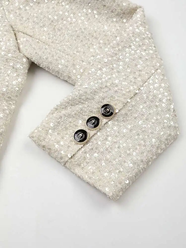 Women Beige Sequins Big Size Elegant Blazer New Lapel Long Sleeve Loose Fit Jacket Fashion Tide Spring Autumn 2025 CPG0776