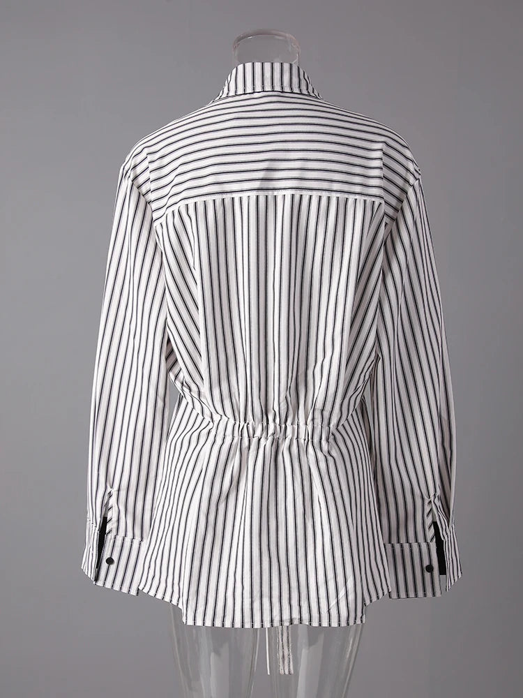 Women Striped Ribbons Irregular Elegant Blouse New Lapel Long Sleeve Shirt Fashion Tide Spring Autumn 2025 7AB8416