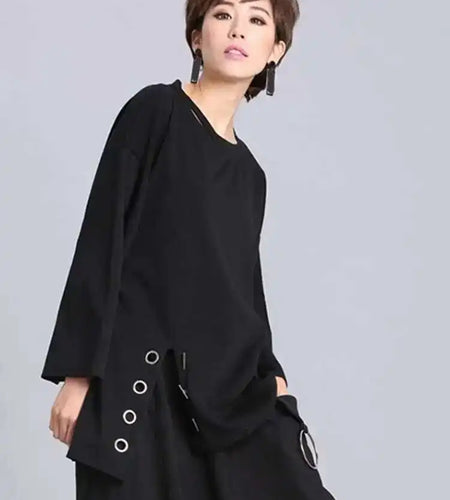 Spring Summer  Black Full Sleeve O Collar Split Pullover Personality Women Fashion Tide Loose Casual T-shirt OA881