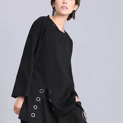 Load image into Gallery viewer, Spring Summer  Black Full Sleeve O Collar Split Pullover Personality Women Fashion Tide Loose Casual T-shirt OA881
