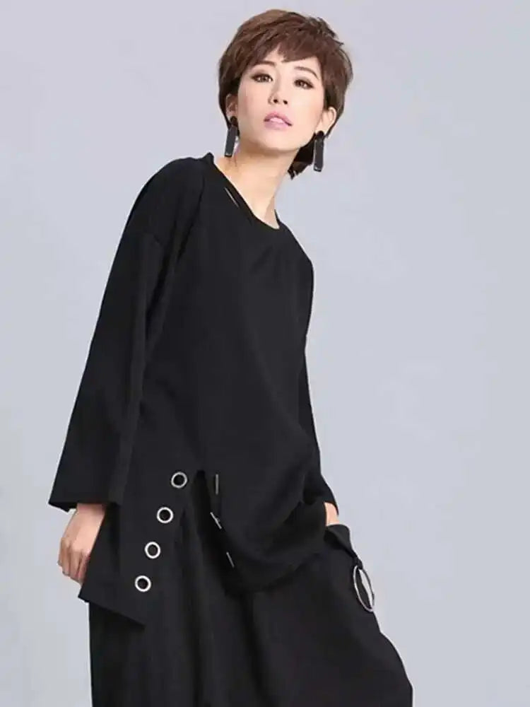 Spring Summer  Black Full Sleeve O Collar Split Pullover Personality Women Fashion Tide Loose Casual T-shirt OA881