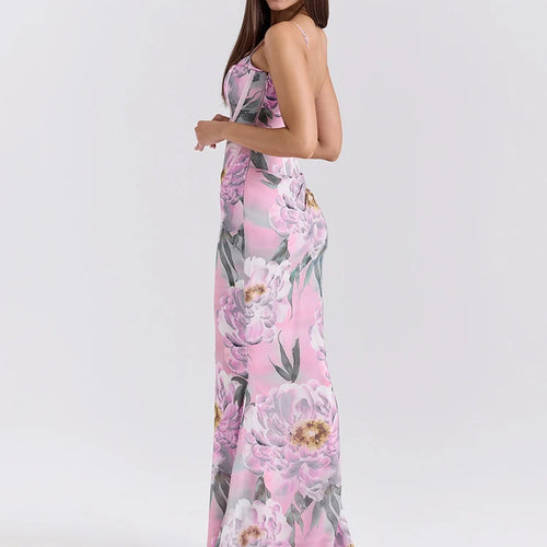 Load image into Gallery viewer, Pink Floral Sexy Maxi Dress Women Gown Spaghetti Strap Sleeveless Backless Elegant Evening Club Party Long Dress
