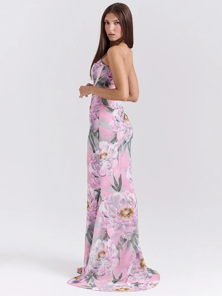 Pink Floral Sexy Maxi Dress Women Gown Spaghetti Strap Sleeveless Backless Elegant Evening Club Party Long Dress