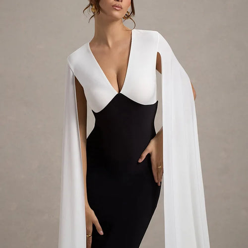 Load image into Gallery viewer, Elegant Patchwork Sleeveless Ribbon Bodycon Party Evening Dress Women Winter 2025 Sexy V-neck Tight Long Dress Vestido
