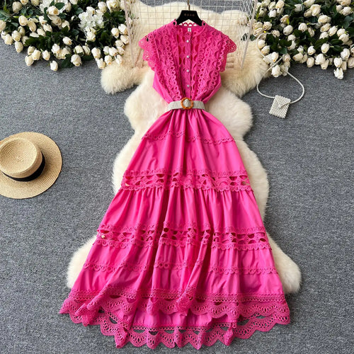 Load image into Gallery viewer, Retro French 2024 New Summer Women Solid Elegant Hollowed Out Sleeveless Long Dress Sweet Lace Patchwork Single Breasted Dresses
