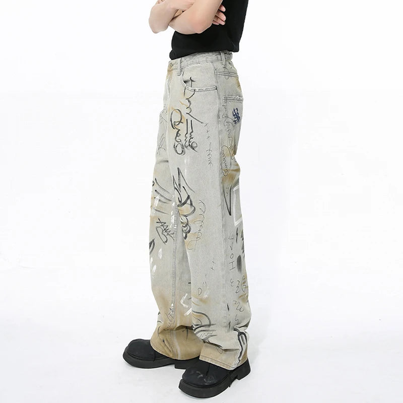 Men Denim Pants New Fashion Male Jeans  Personalized Streetwear Handdrawn Graffiti Washed Worn-out Trendy Trouser 9C5099