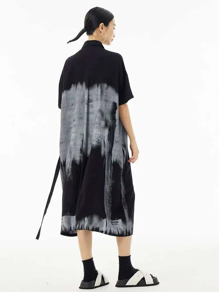 Women Green Pattern Printed Belted Big Size Shirt Dress New Lapel Short Sleeve Fashion Tide Spring Summer 2025  1DH5759