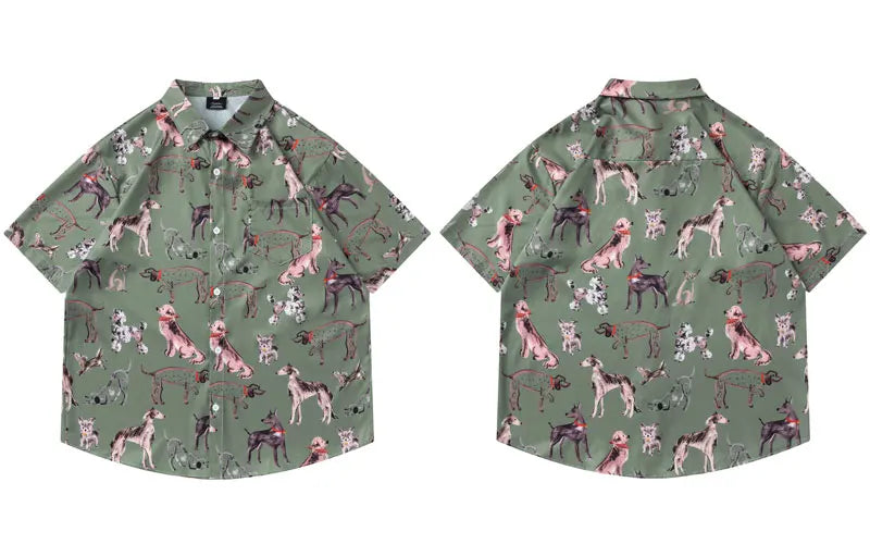 Harajuku Hawaiian Shirts Graffiti Cartoon Dog Graphic Printed Summer Beach Blouse Men Hip Hop Baggy Button Up Short Sleeve Tops
