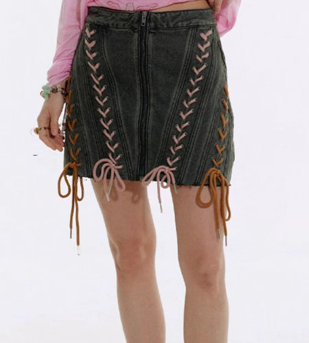 Hit Color Spliced Lace Up Fashion Cowboy Skirts for Women High Waist Patchwork Zipper Vintage Skirt Female Clothing