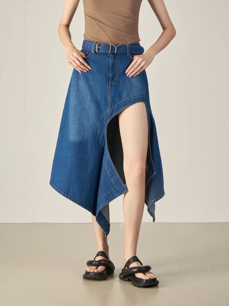 Fashion Streetwear Midi Skirt For Women High Waist Irregular Hem Solid Skirts Female Summer Clothing Style
