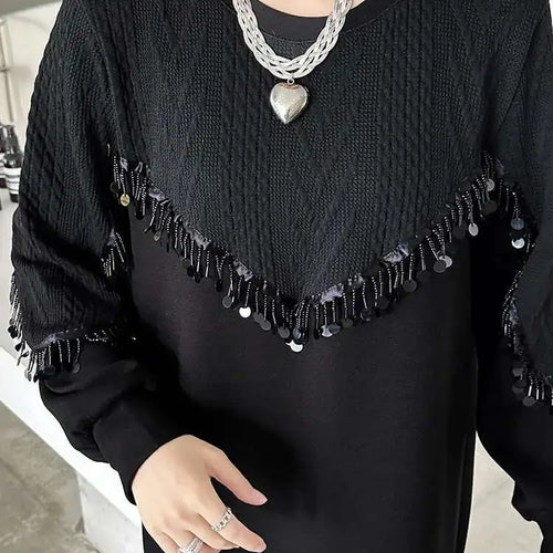 Load image into Gallery viewer, Women Black Sequins Big Size Knee-Length Casual Dress New Round Neck Long Sleeve Fashion Tide Spring Autumn 2025 1DH8736
