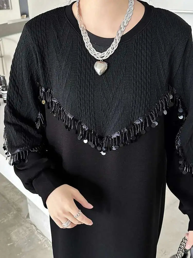 Women Black Sequins Big Size Knee-Length Casual Dress New Round Neck Long Sleeve Fashion Tide Spring Autumn 2025 1DH8736