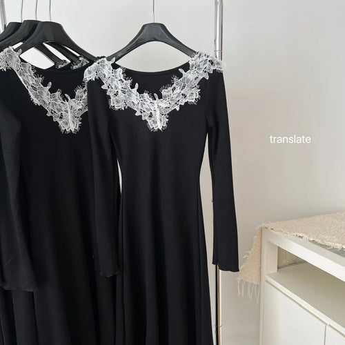 Load image into Gallery viewer, Autumn Black Patchwork Lace V Neck Elegant Slim Knitted Dresses Women Long Sleeves Festival Party Evening Dress Fashion Popular
