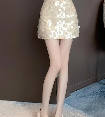 Sexy Sequin Mini Fairy A-line Skirt For Women Aesthetic Designer Black Spicy Girls High Waist Apricot Skirts Streetwear Summer