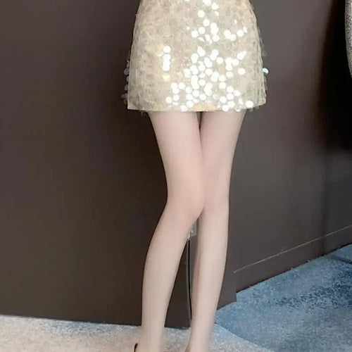 Load image into Gallery viewer, Sexy Sequin Mini Fairy A-line Skirt For Women Aesthetic Designer Black Spicy Girls High Waist Apricot Skirts Streetwear Summer
