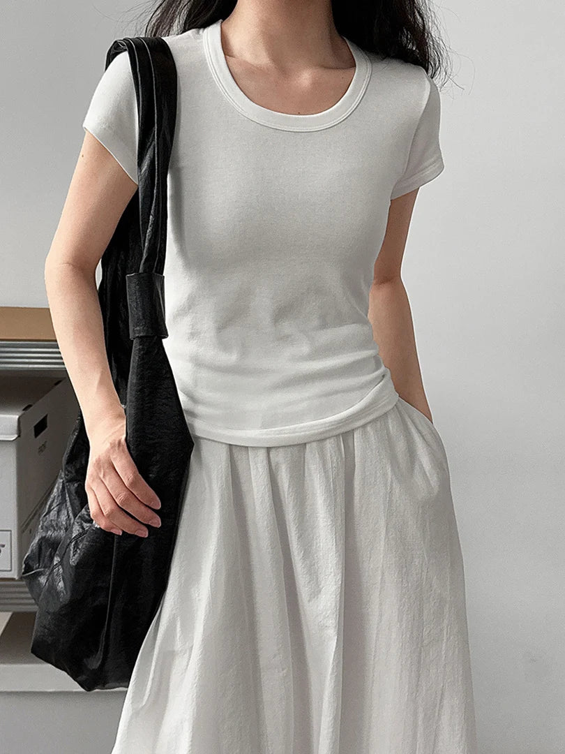 Women Coffee Plain Color Brief Elegant Slim T-shirt New Round Neck Short Sleeve Fashion Tide Spring Summer 2025 1DJ1902