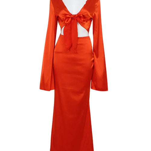 Load image into Gallery viewer, Elegant Satin Long Sleeved Long Skirt Women Set 2024 Women Lace Up Sexy V-neck Low Waist Solid Color Party Club Set
