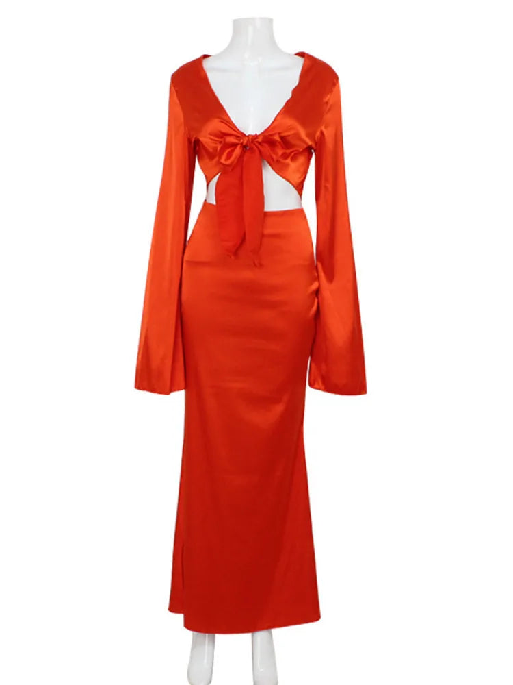 Elegant Satin Long Sleeved Long Skirt Women Set 2024 Women Lace Up Sexy V-neck Low Waist Solid Color Party Club Set