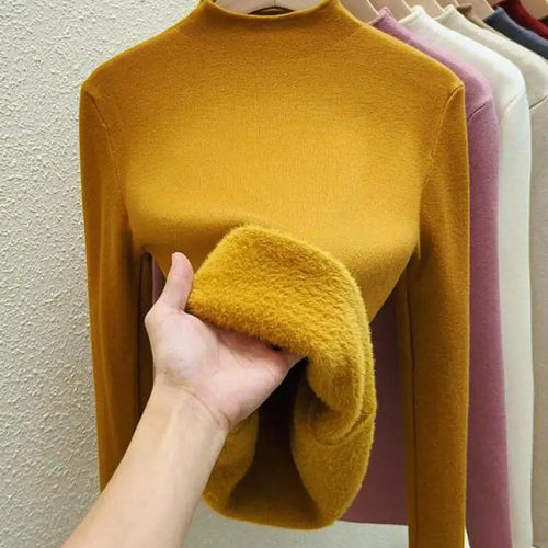 Load image into Gallery viewer, Autumn Winter Women Solid Half High Neck Velvet Sweater Korean Fashion Warm Knitwear Long Sleeve Pullovers Tops Thick Simplicity
