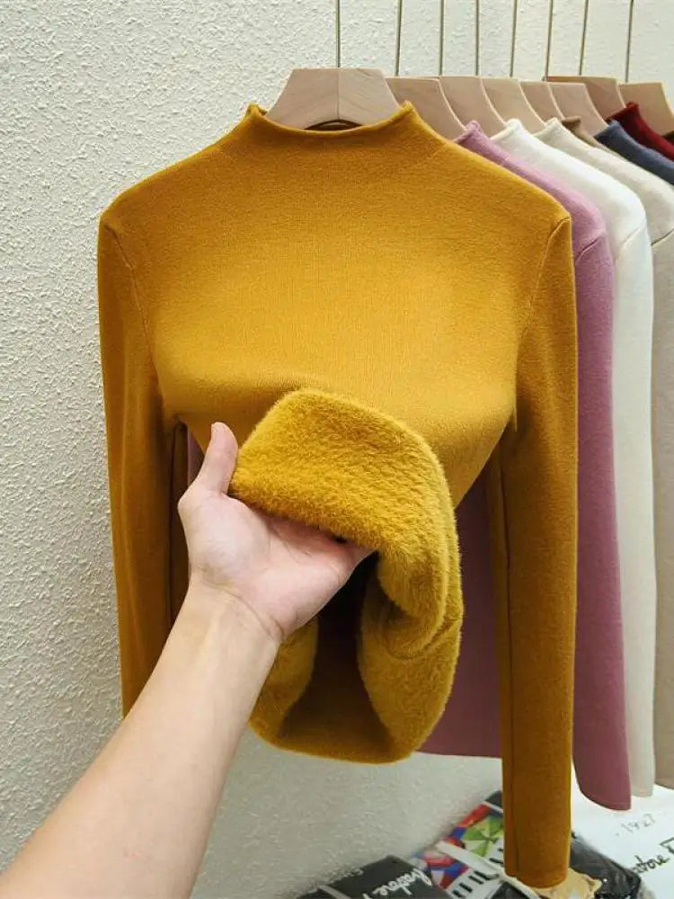 Autumn Winter Women Solid Half High Neck Velvet Sweater Korean Fashion Warm Knitwear Long Sleeve Pullovers Tops Thick Simplicity