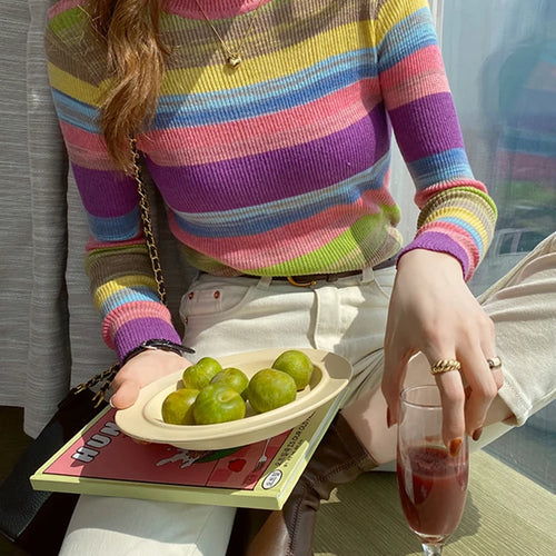 Load image into Gallery viewer, Sweet Rainbow Stripe Slim Autumn Woman Sweaters Basic y2k Cropped Top Pullover Harajuku Knitted Jumper B-046
