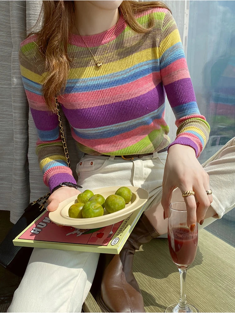 Sweet Rainbow Stripe Slim Autumn Woman Sweaters Basic y2k Cropped Top Pullover Harajuku Knitted Jumper B-046