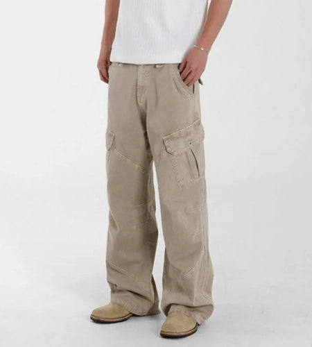 Men's Washed Jeans New Summer Loose Cargo Pants Korean Multi Pockets Trendy Niche Straight Leg Male Simple Bottoms 9W1634