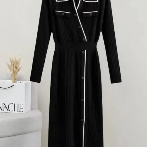 Load image into Gallery viewer, Korean Fashion 2024 Autumn Winter New Office Ladies Patchwork Elegant Long Sleeve Knitted Dress Women Slim Button Dresses Trendy
