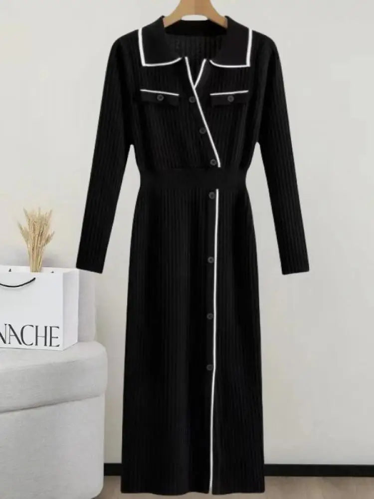 Korean Fashion 2024 Autumn Winter New Office Ladies Patchwork Elegant Long Sleeve Knitted Dress Women Slim Button Dresses Trendy