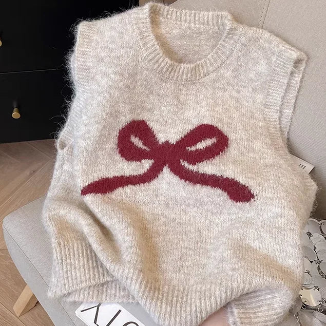 Knitted Sweater Vest 2024 Women Clothing O-neck Sleeveless Bow Waistcoat Y2k Tops Causal Fashion Vintage Crop Tanks Ropa Mujer