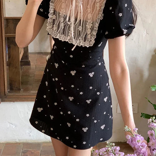 Load image into Gallery viewer, Vintage Black Lace Floral Dress Women Sweet Flower Print Kawaii Party Wrap Short Dresses Elegant Autumn Fashion
