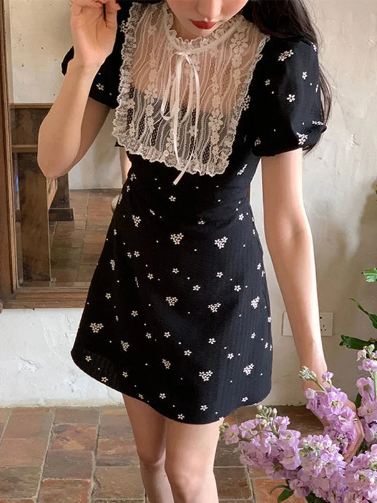 Vintage Black Lace Floral Dress Women Sweet Flower Print Kawaii Party Wrap Short Dresses Elegant Autumn Fashion