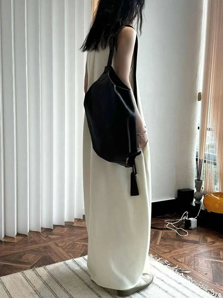 Women Black Brief Irregular Shaped Pocket Long Elegant Dress New V-Neck Sleeveless Fashion Tide Spring Autumn 2025 1DH9419