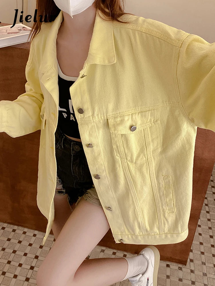 Pink Gradient Denim Coat Korean New Tie Dye Loose Long Sleeve Yellow Jacket Fashion Top Women's Coat Female Casual S-XL