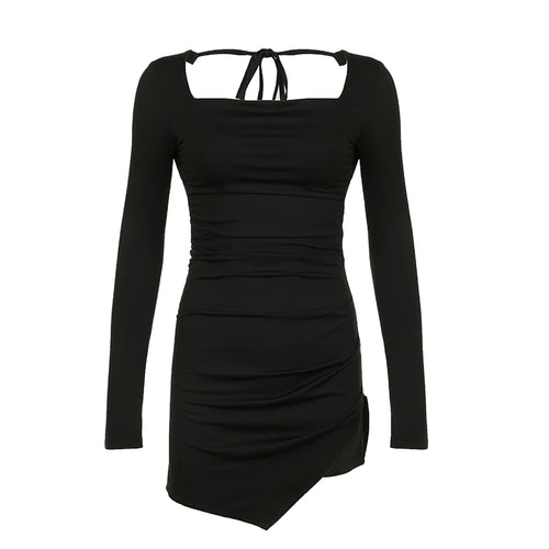 Load image into Gallery viewer, Streetwear Asymmetrical Black Mini Sexy Dress Slim Backless Lace Up Split Clubwear Party Dress Women Casual Outfits
