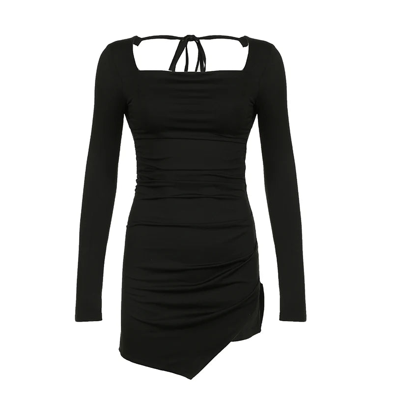 Streetwear Asymmetrical Black Mini Sexy Dress Slim Backless Lace Up Split Clubwear Party Dress Women Casual Outfits