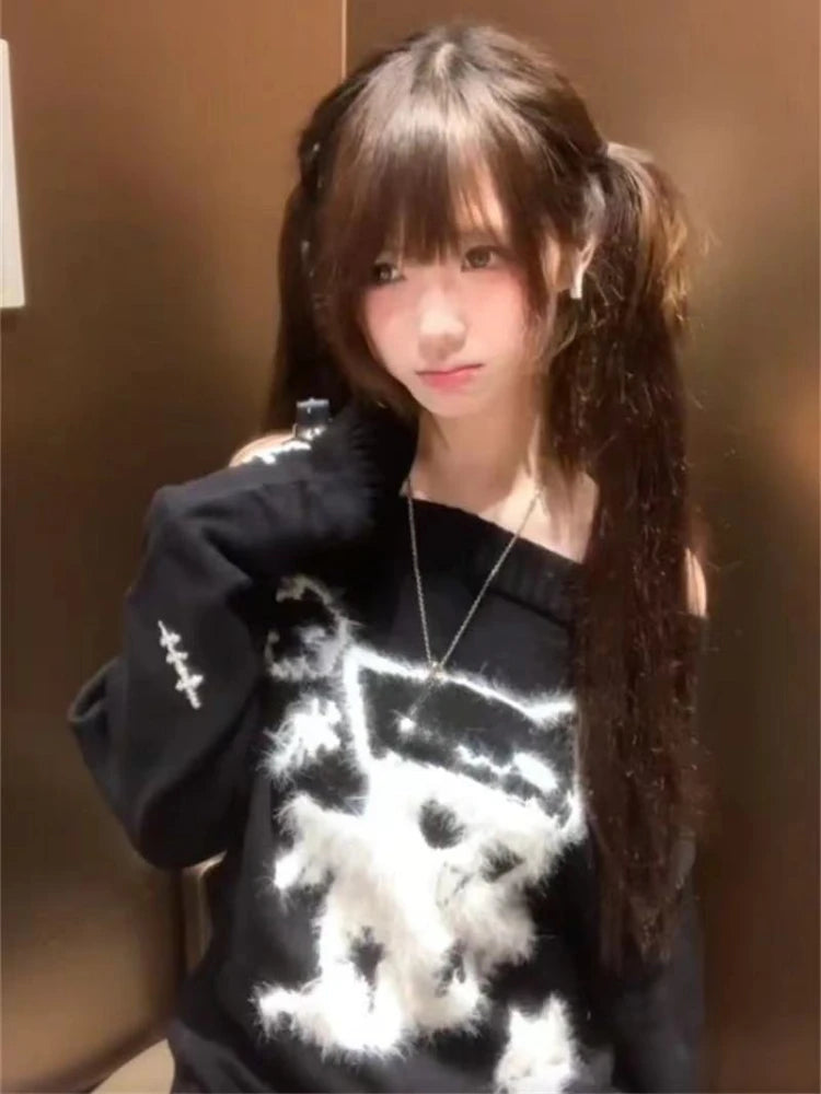 2025 Slash Nerck Grunge Sweater Y2k Aesthetic Cartoon Jacquard Knitted Pullover Streetwear Oversized Harajuku Women Hole Jumpers